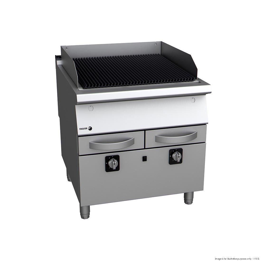 A stainless steel grill with two drawers underneath it on a white background.