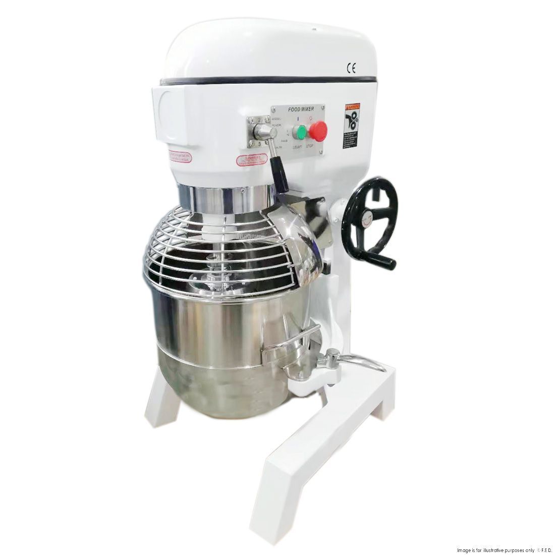 A white mixer with a stainless steel bowl on a white background.