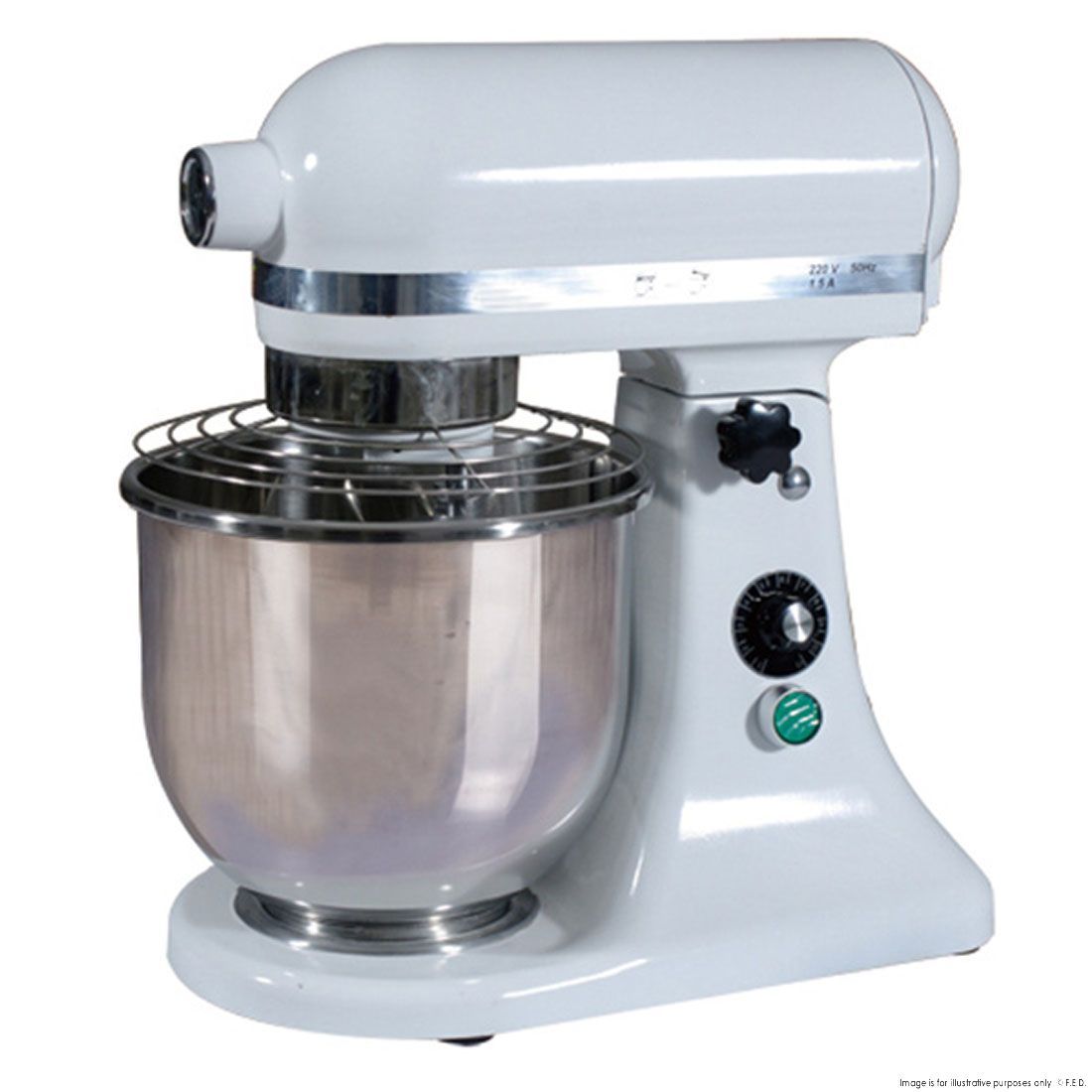 A white mixer with a stainless steel bowl