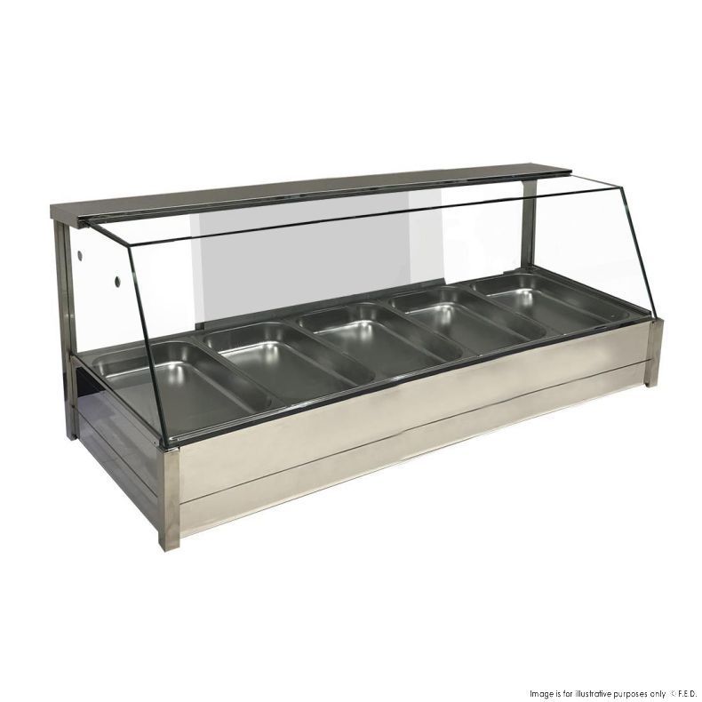 A stainless steel food display case with a glass display case.
