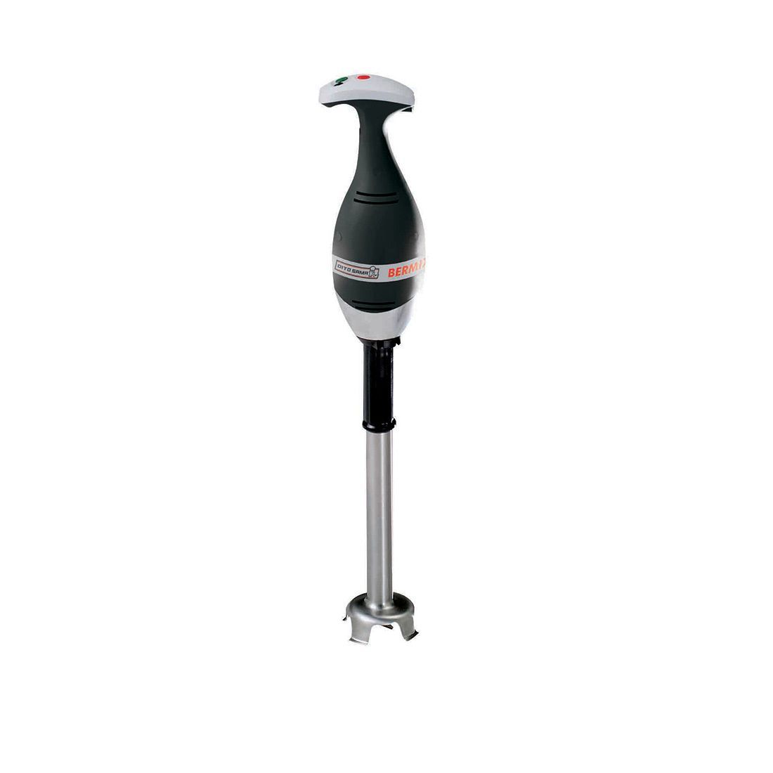A hand blender is sitting on a white surface.