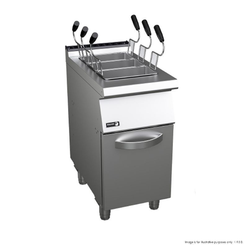 A stainless steel pasta maker with a drawer underneath it