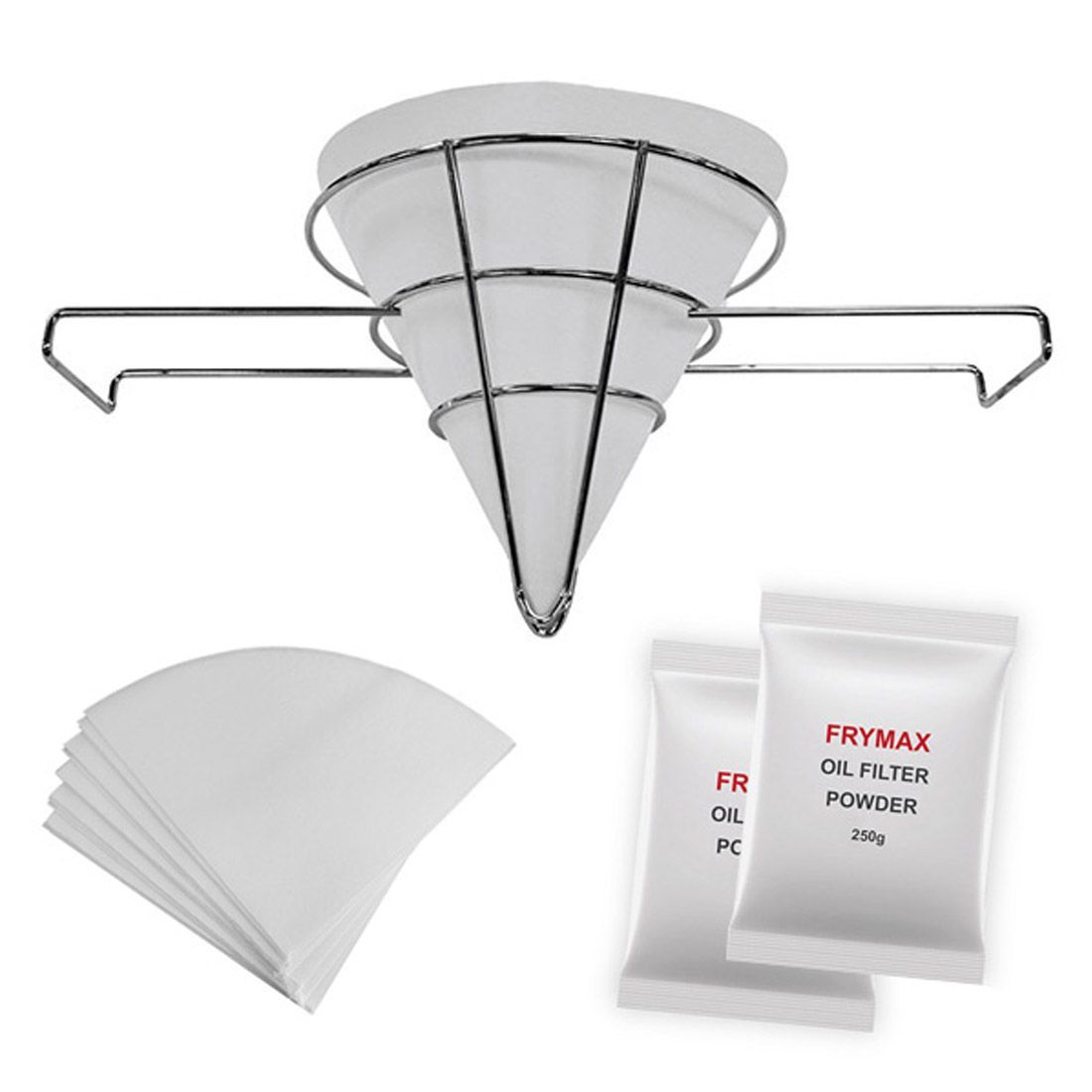 A bag of frymax oil filter powder next to a cone shaped filter