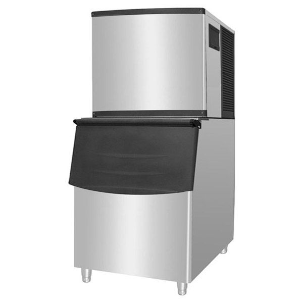 A stainless steel ice maker with a black lid on a white background.