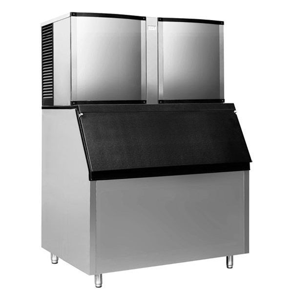 A stainless steel ice maker with a black lid on a white background.