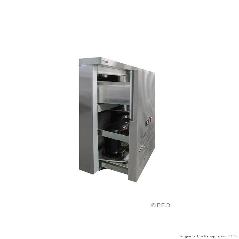 A stainless steel cabinet with drawers on a white background.