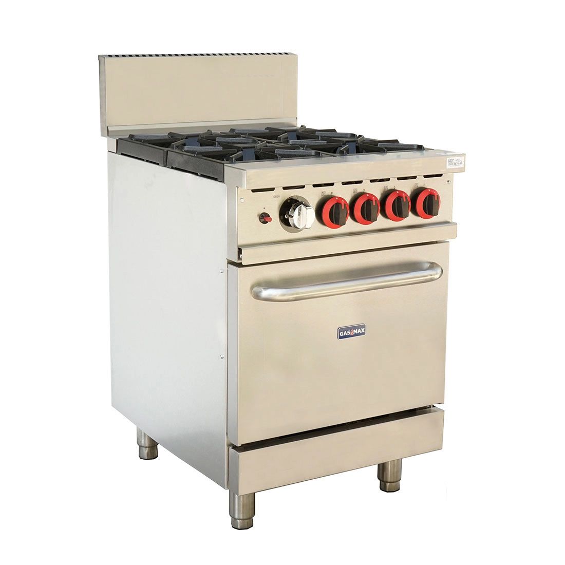 A stainless steel stove with four burners and an oven on a white background.
