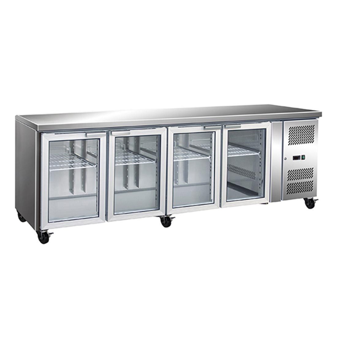 A stainless steel refrigerator with glass doors and wheels.