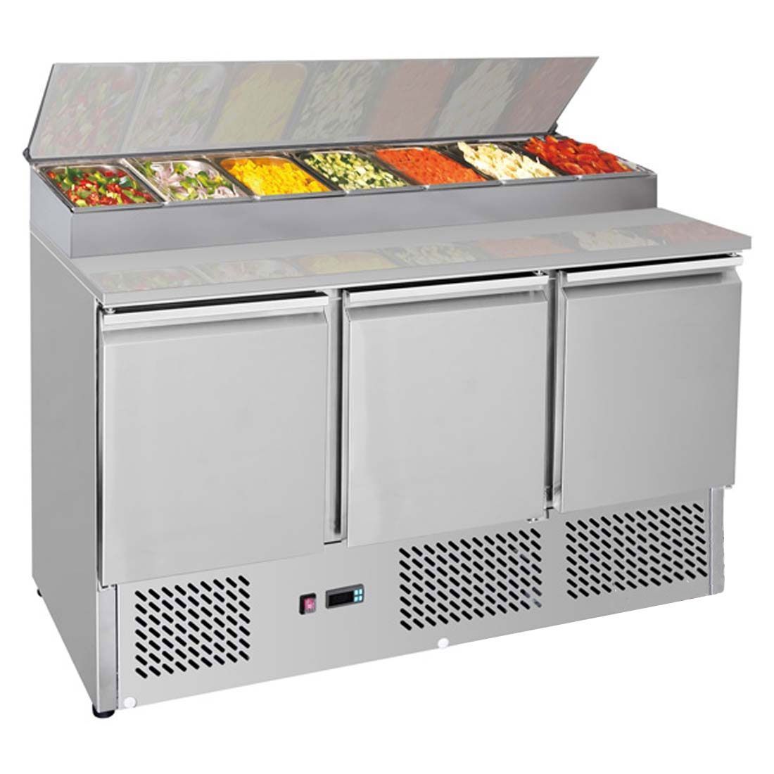 A stainless steel refrigerator filled with vegetables on a white background.