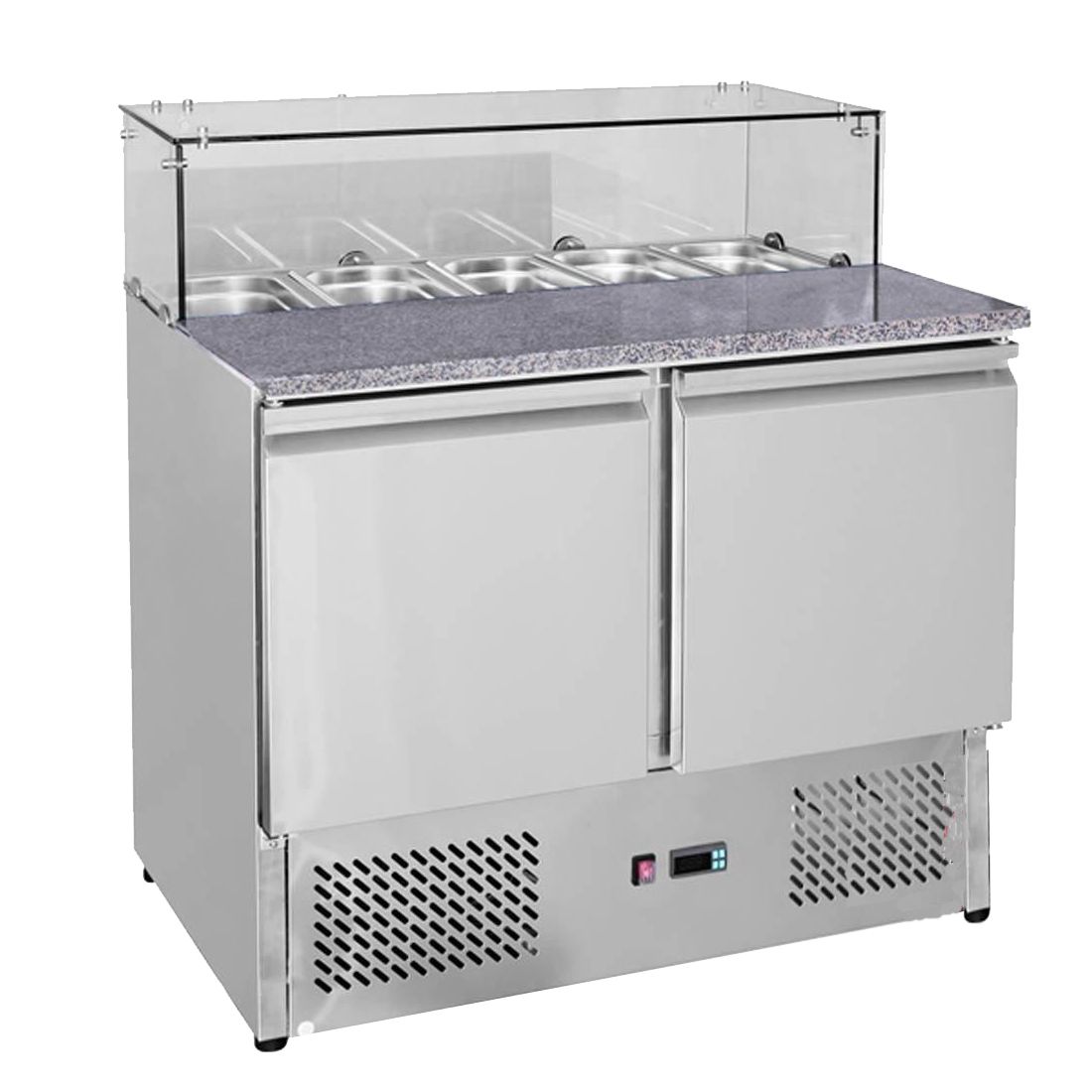 A stainless steel salad prep counter with a glass top.