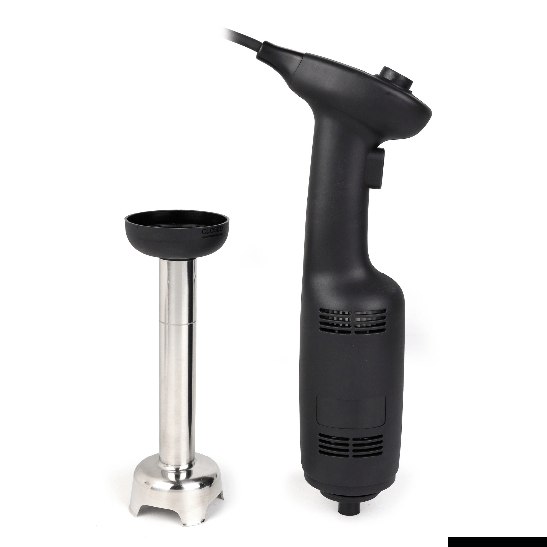 A hand blender with a cord attached to it on a white background.