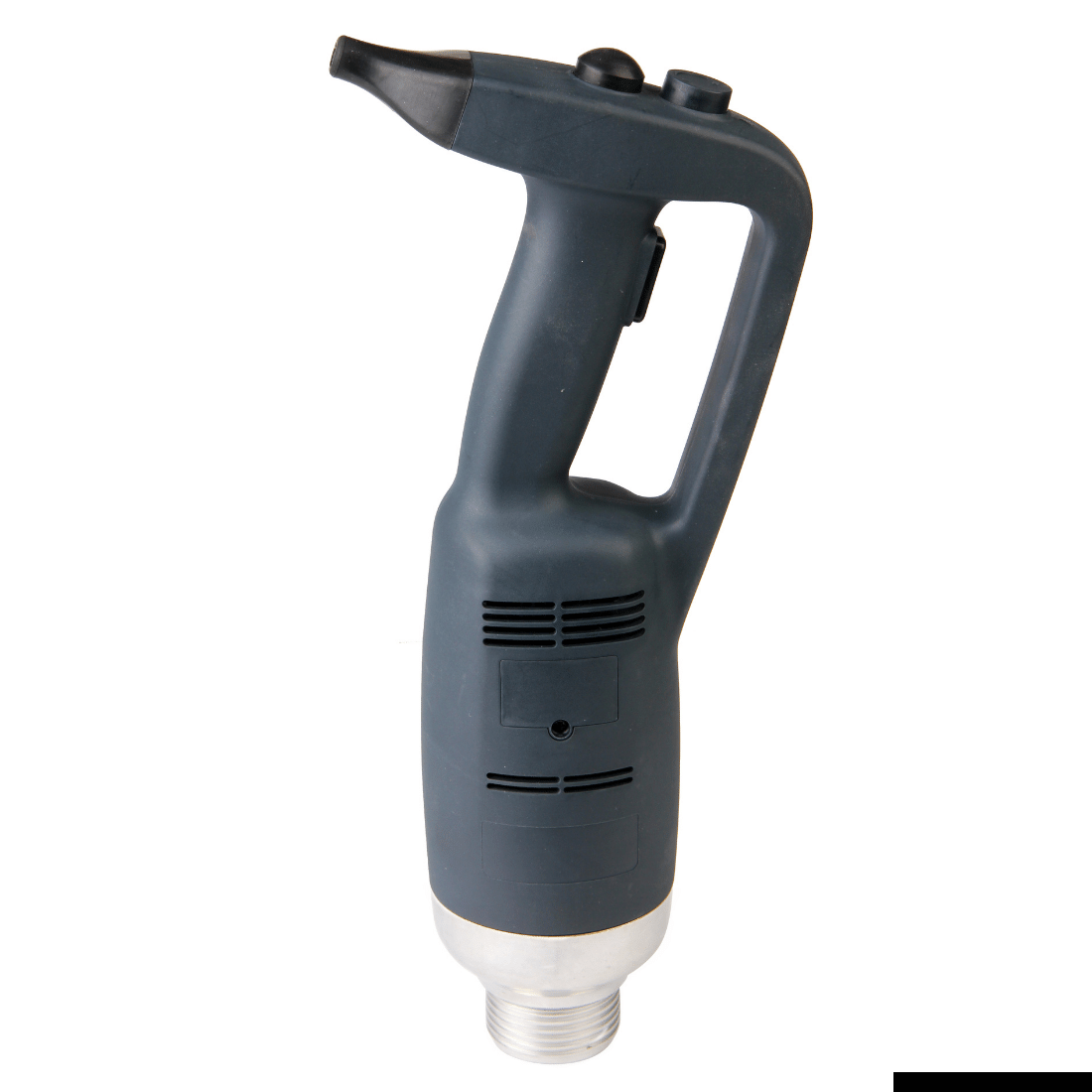 A hand blender with a stainless steel tube on a white background.