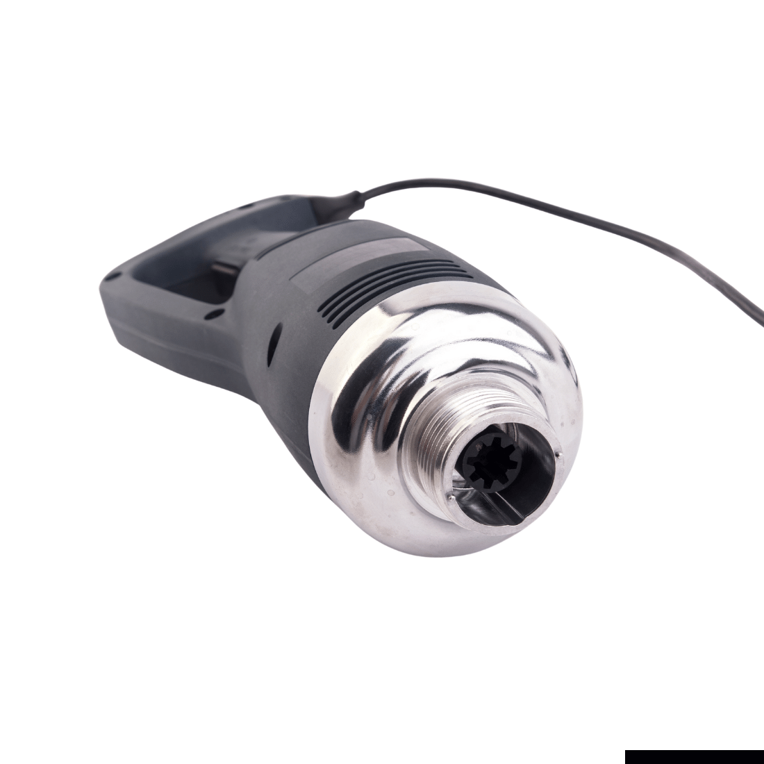 A hand blender is sitting on a white surface.