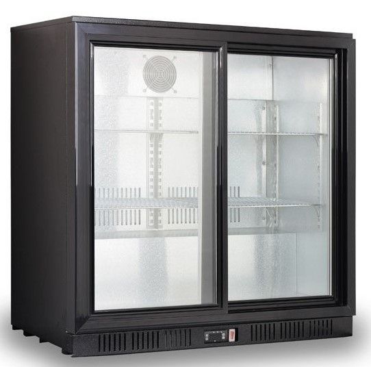 A black refrigerator with sliding glass doors