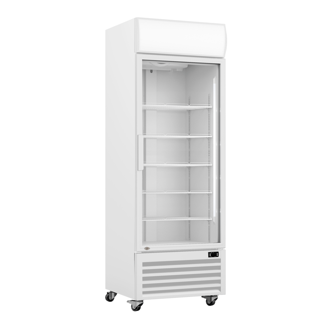 A white refrigerator with a glass door and wheels on a white background.