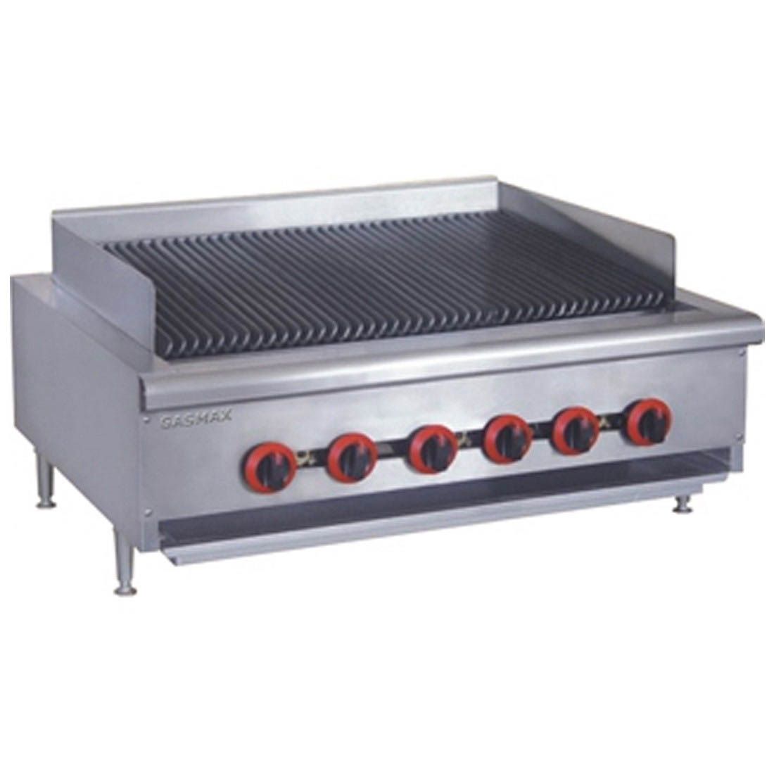 A stainless steel grill with red knobs on it