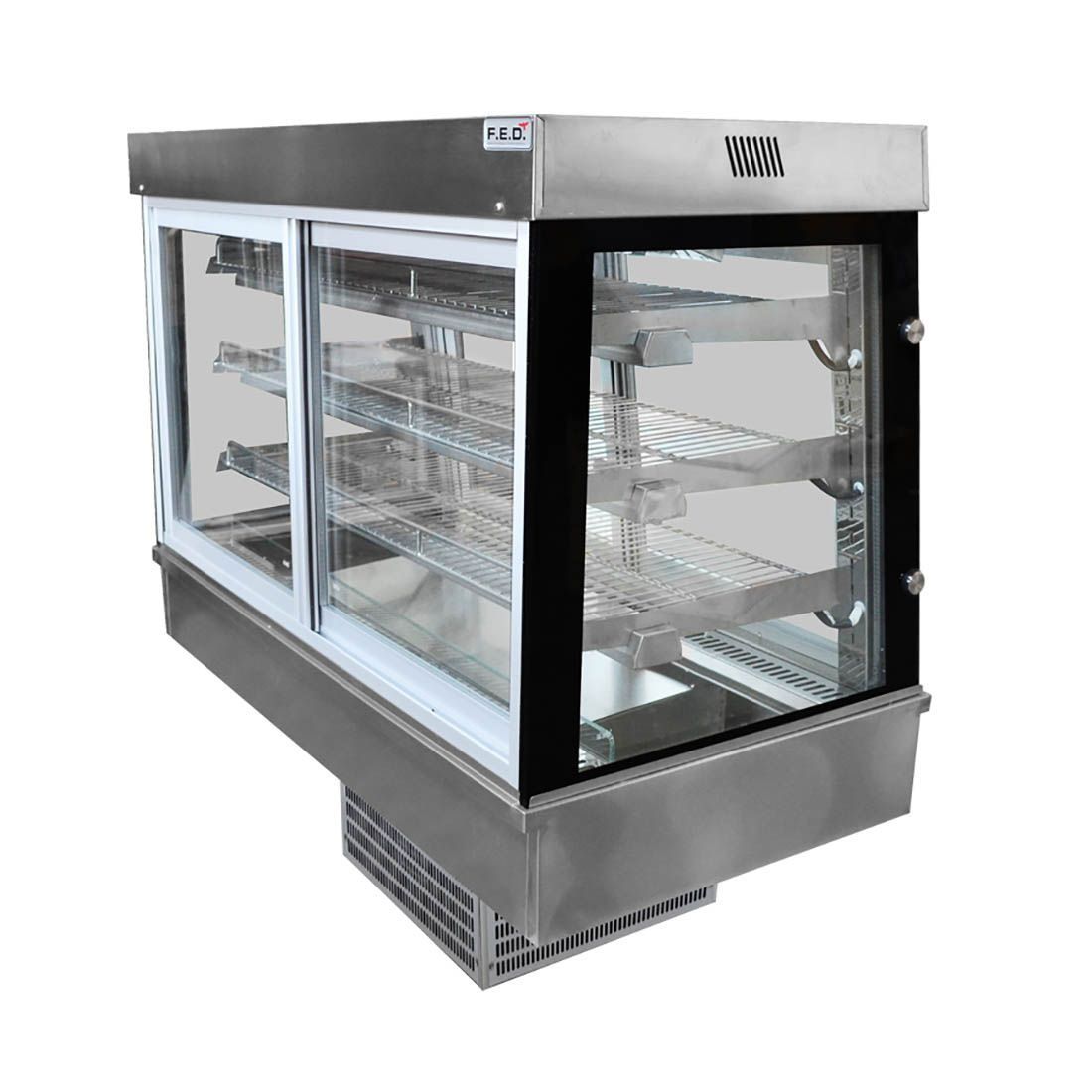 A stainless steel display case with glass doors and shelves on a white background.