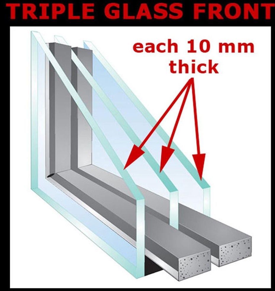 A stainless steel display case with a curved glass door and shelves.