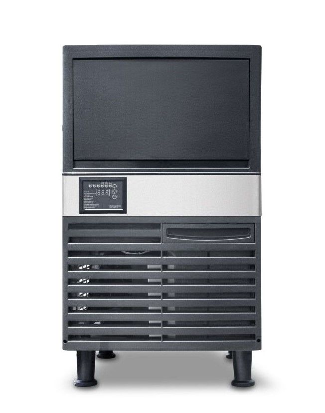 A black and white ice maker with a white background