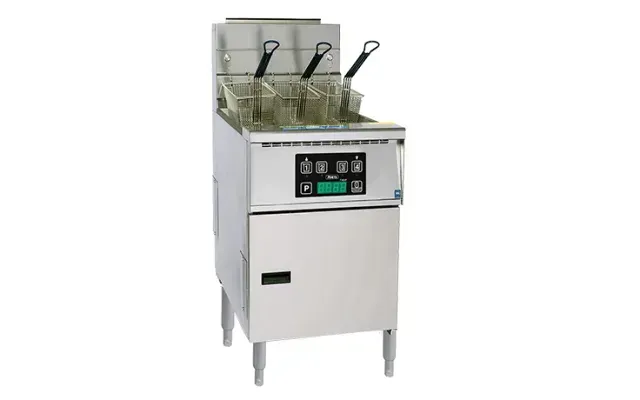 A stainless steel fryer with three baskets on a white background.