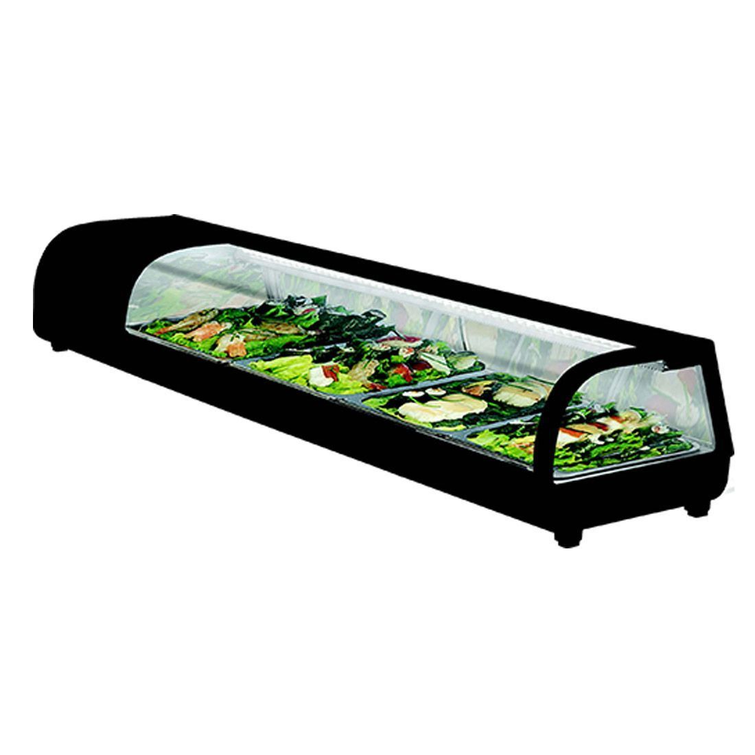 A long display case filled with food on a white background.