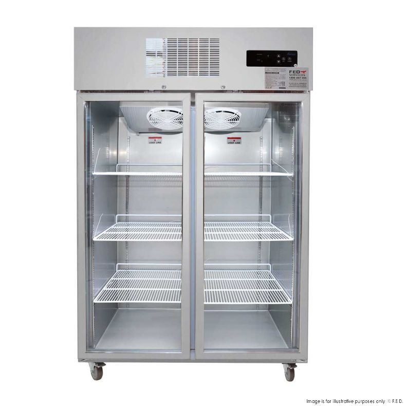 A stainless steel refrigerator with glass doors and shelves
