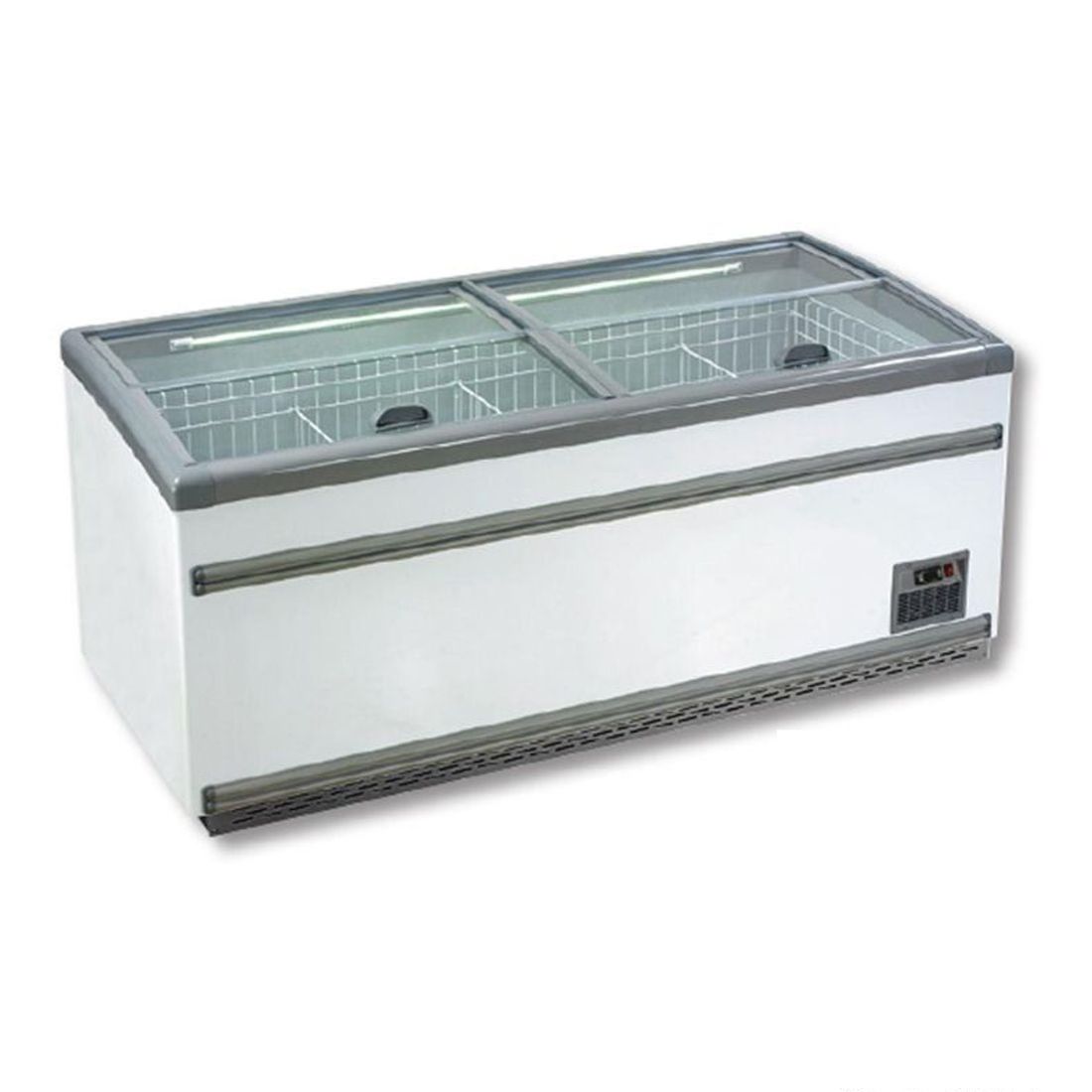 A freezer with a glass door on a white background.