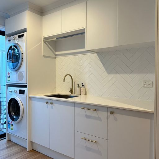 Compact Laundry Corner with Stackable Appliances for Small Spaces — Shepparton Vic — Kitchenwise