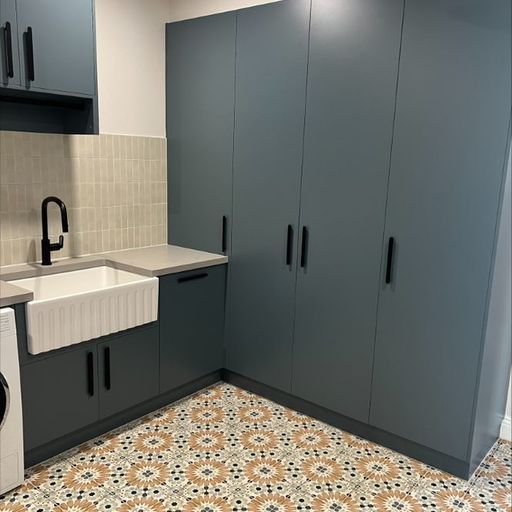 Stylish Laundry Room with a Farmhouse Sink and Subway Tile Backsplash — Shepparton Vic — Kitchenwise