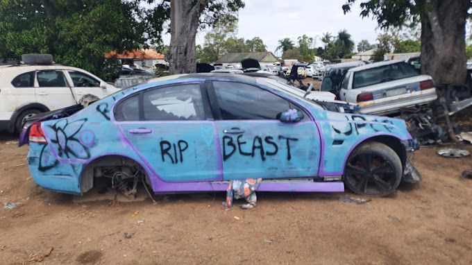 A Blue and Purple Car with The Words Rip Beast Painted on It — Bakers Creek Wreckers In Bakers Creek, QLD