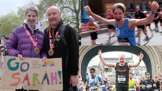 Matt & Sarah Larkin holding a cardboard banner at the London Marathon Down Syndrome Cheshire 