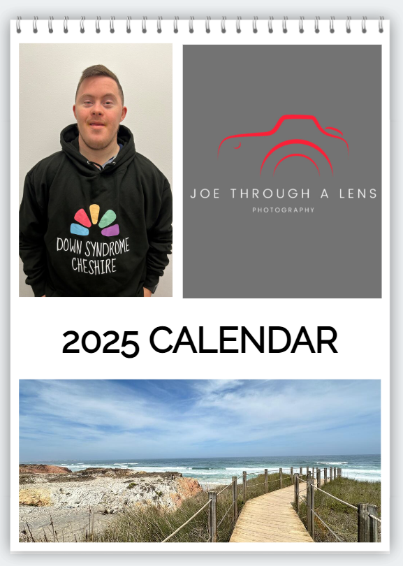 image of a 2025 calendar showing young man with Down syndrome Down Syndrome Cheshire