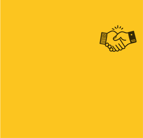 a yellow background with a handshake icon on it