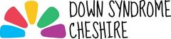 a logo for down syndrome cheshire with a colorful flower on a white background .