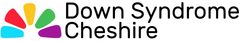a logo for down syndrome cheshire with a colorful flower on a white background .