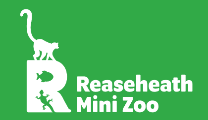 a logo for reaseheath mini zoo with a cat and lizard on a green background .