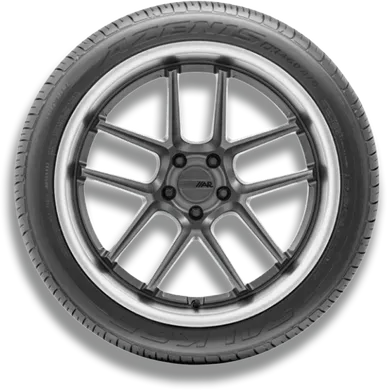 A close up of a car wheel with a tire on it