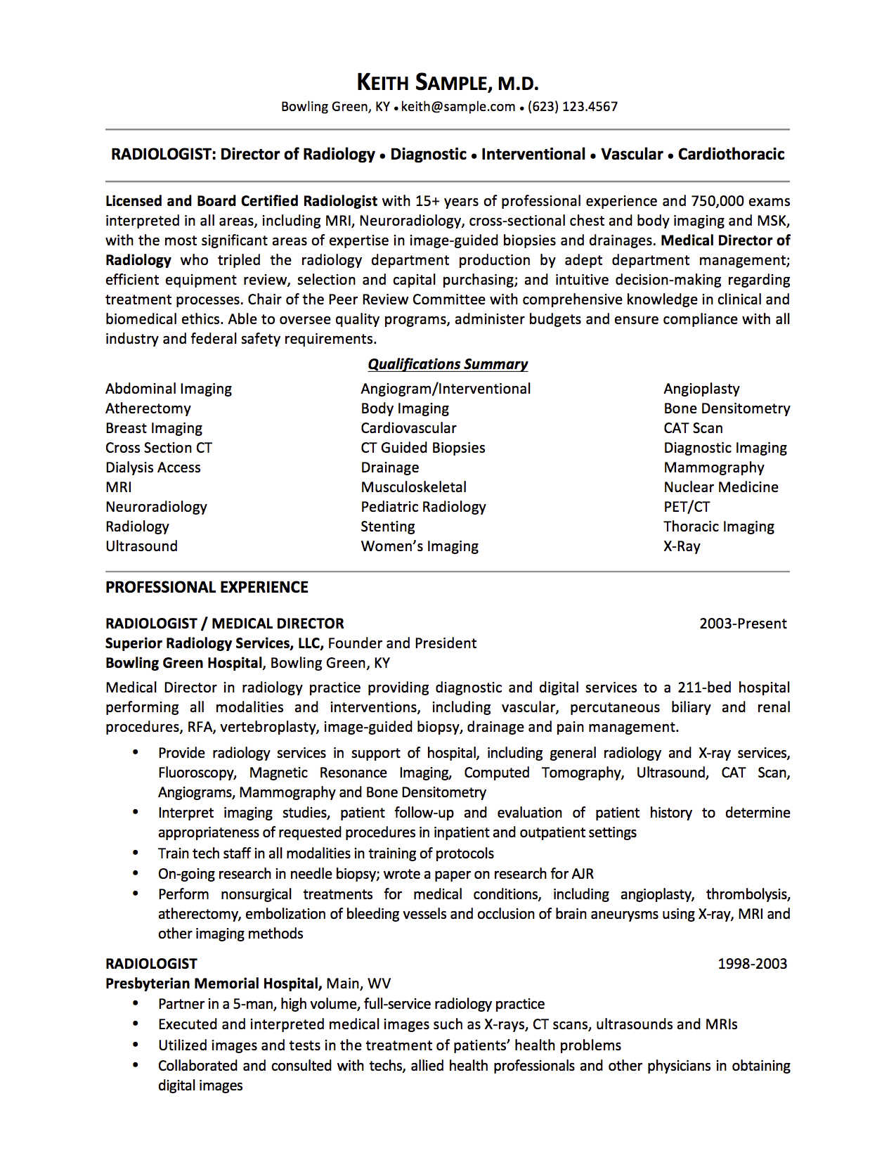 A resume for a doctor is shown on a white background.