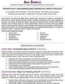 A resume for a fashion stylist and brand merchandise coordinator