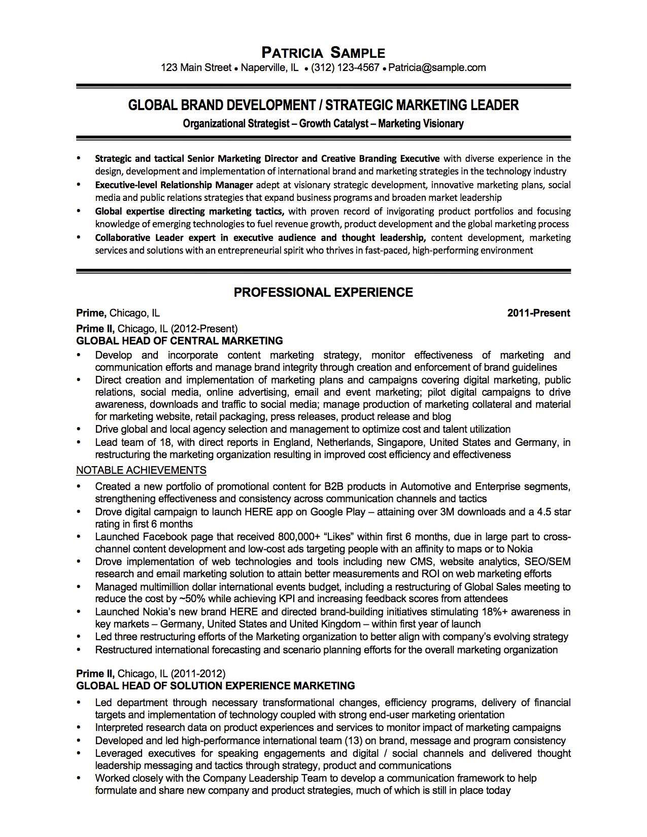 A resume for a global marketing leader is shown on a white background.