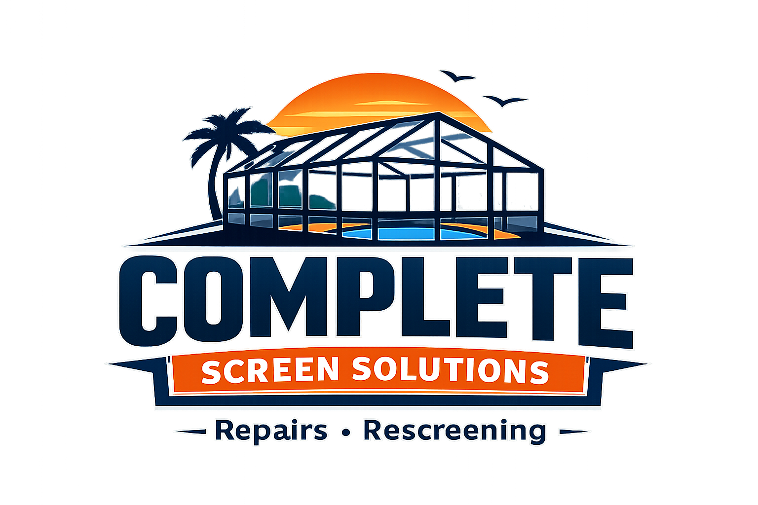 Logo for Complete Screen Solutions featuring a pool enclosure, palm tree, sunset, and text.