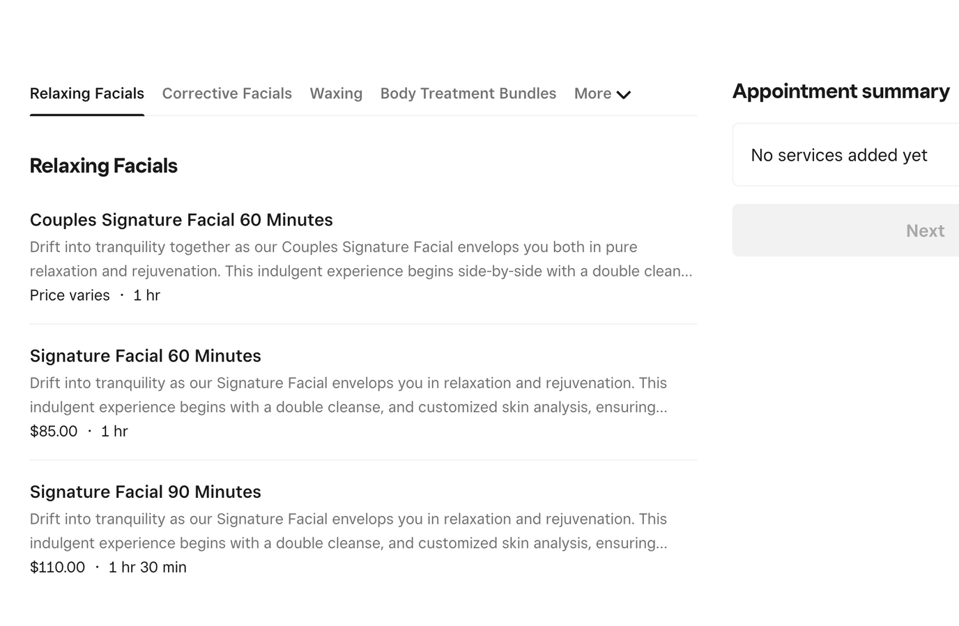 Facial services menu with options like 