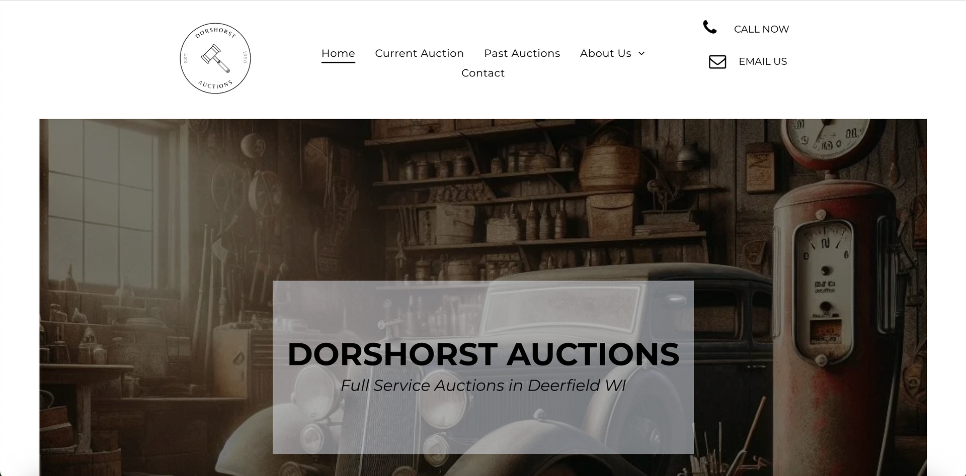 Website homepage for Dorshorst Auctions, with text overlay and vintage objects.