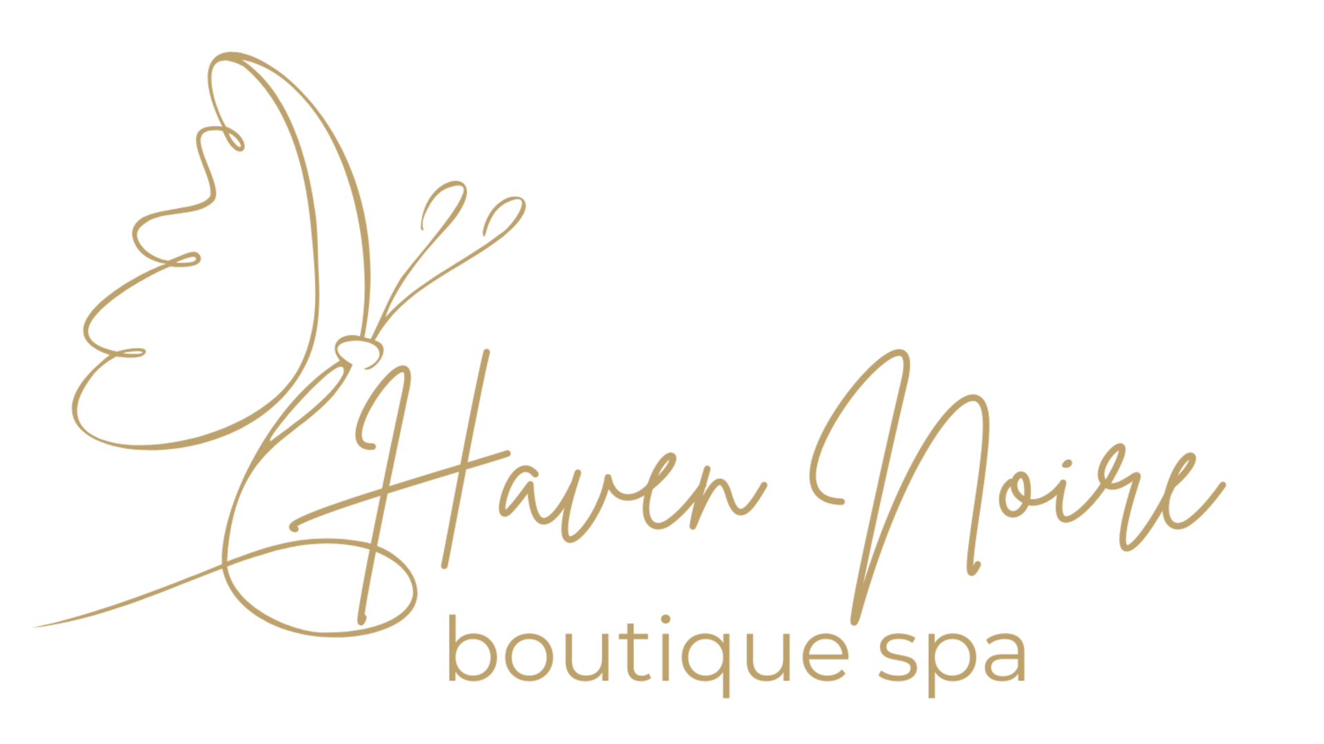 Gold logo for Haven Noire boutique spa: butterfly outline and elegant script text on a white background.