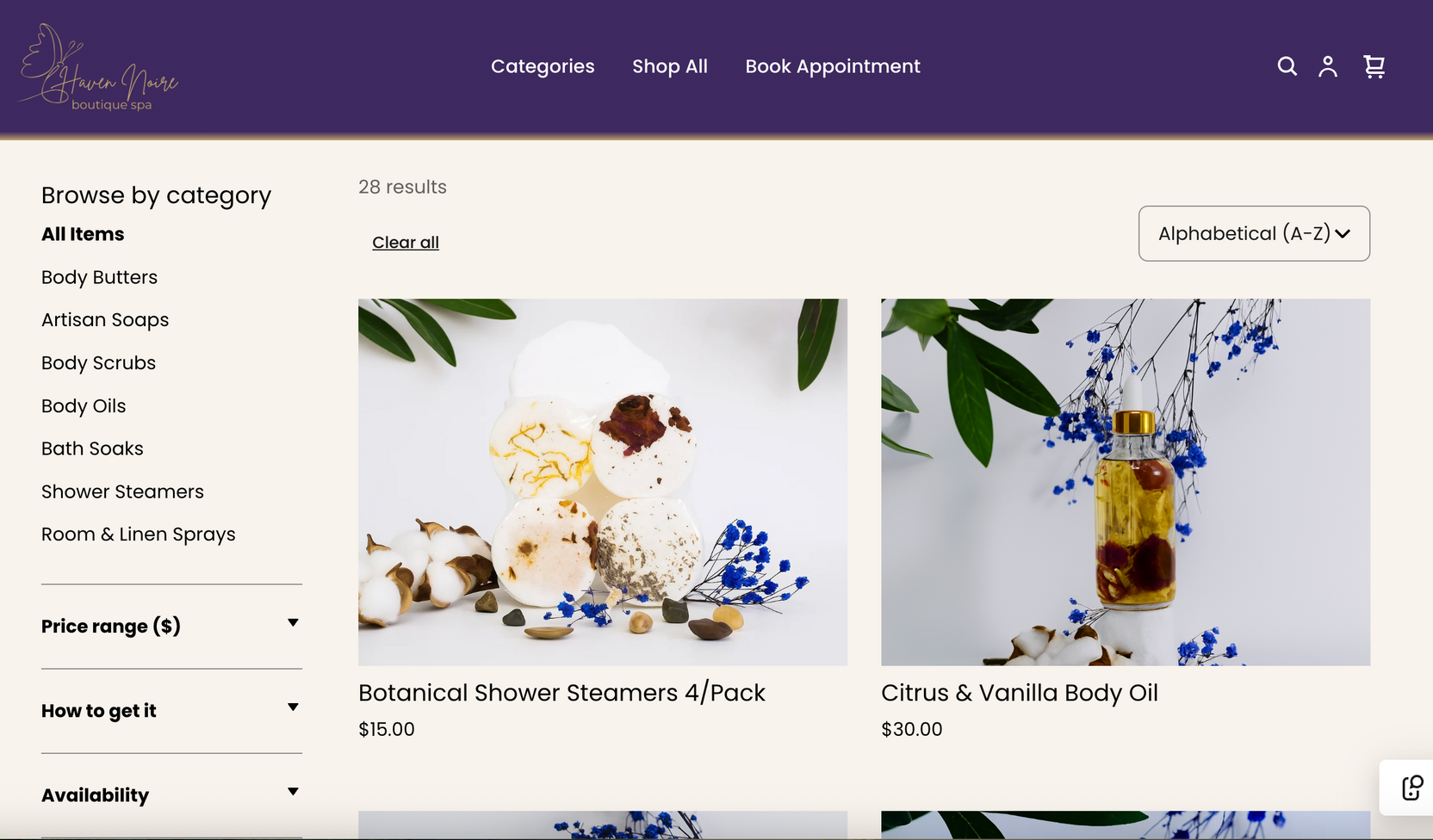 Website product page with bath products: shower steamers and body oil.