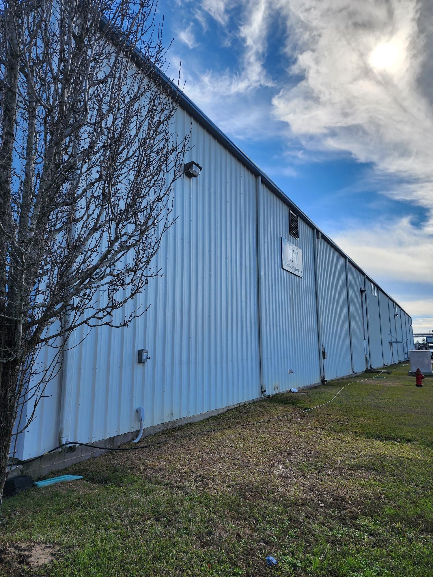 A large white building with a tree in front of it.