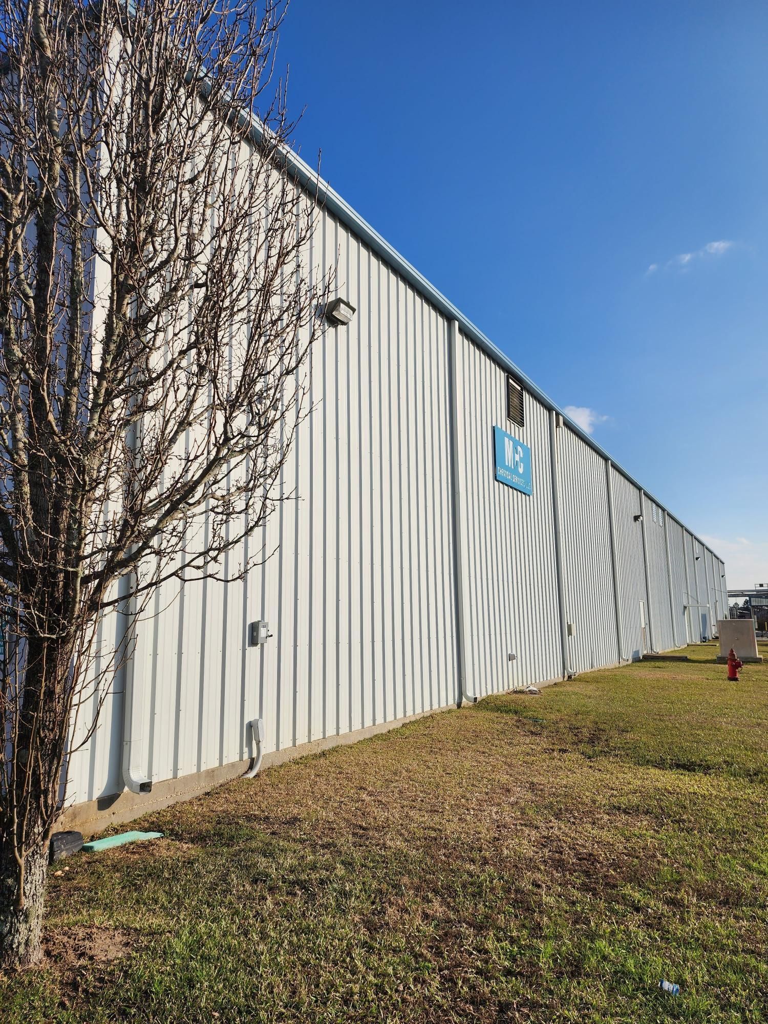 A large white building with a tree in front of it.
