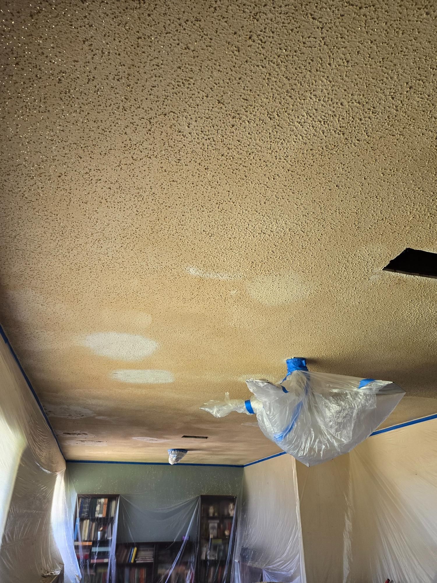 A room with a ceiling fan and a plastic bag hanging from it.