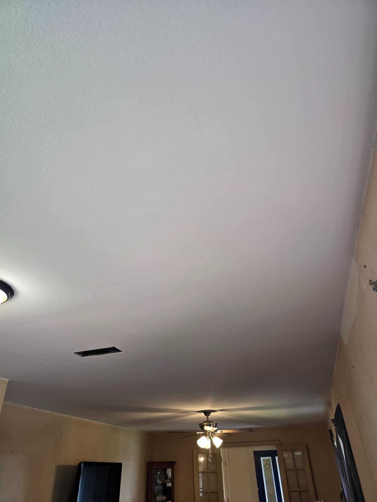 A living room with a white ceiling and a ceiling fan.