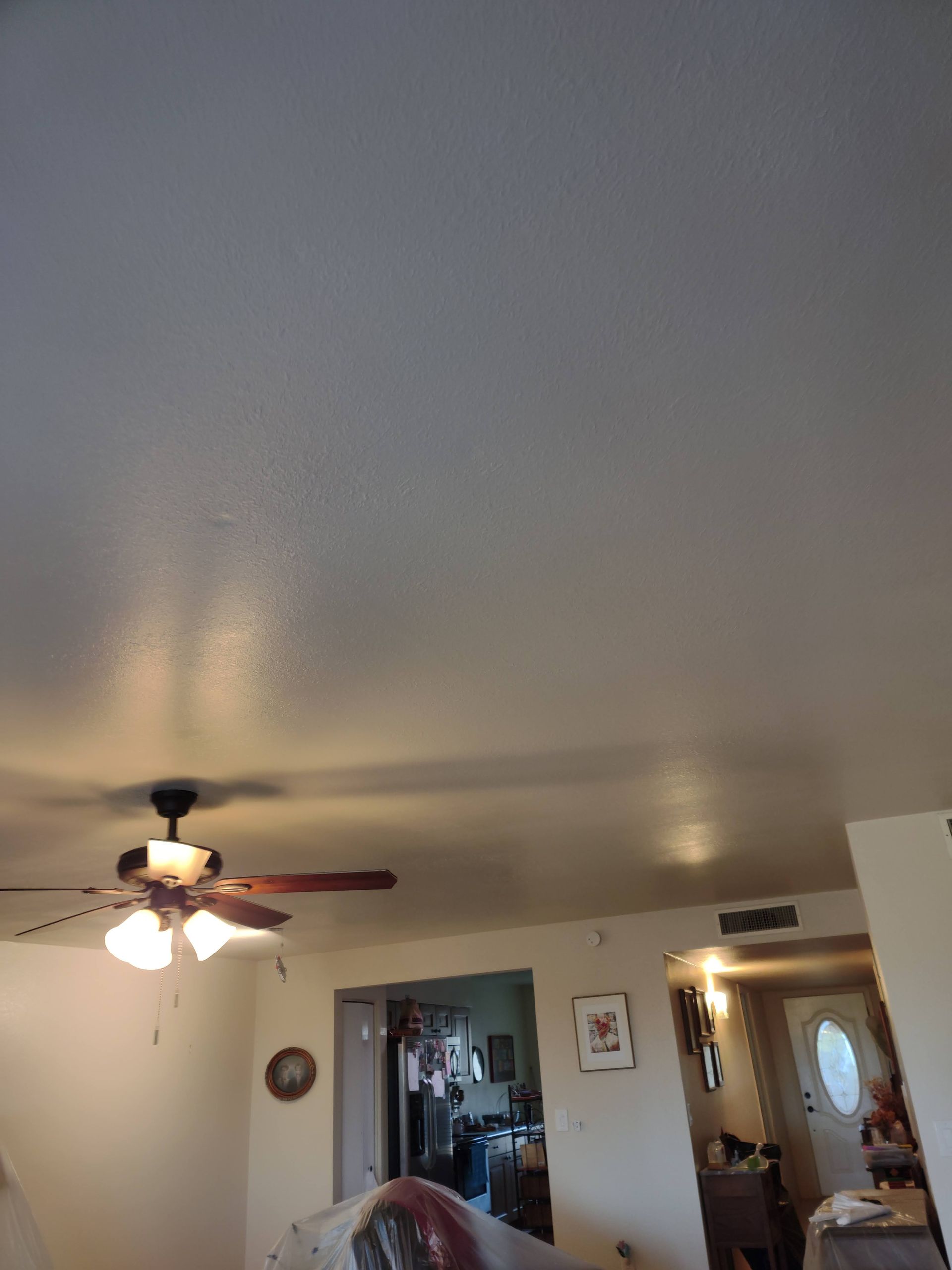 A living room with a ceiling fan and a couch.